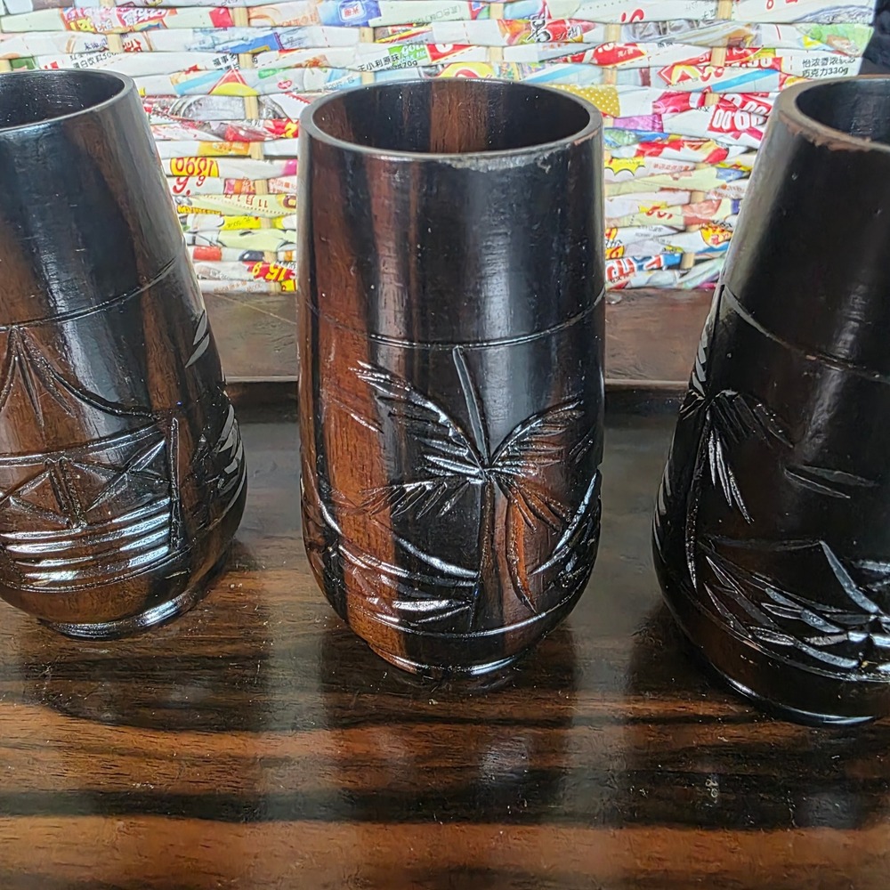 1979 Vintage Hand Carved Wood Cordial Shot Glass Set with Tray Tiki Tropical